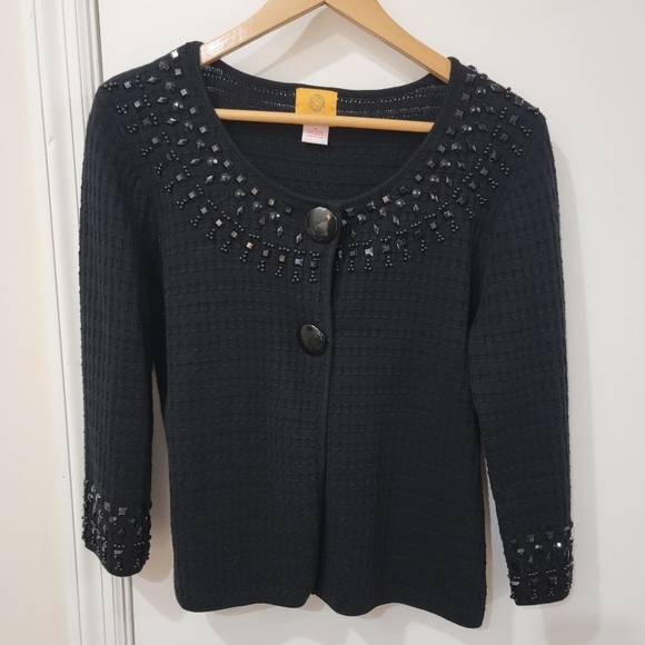 Ruby Rd Black Cardigan Embellished neck and Sleeve Hems Size Medium - Picture 3 of 13